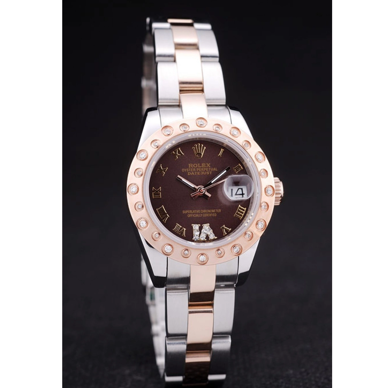 AAA replica watch Rolex Polished Diamonds Bezel 7475 Brown Datejust Gold Dial Rose 0712